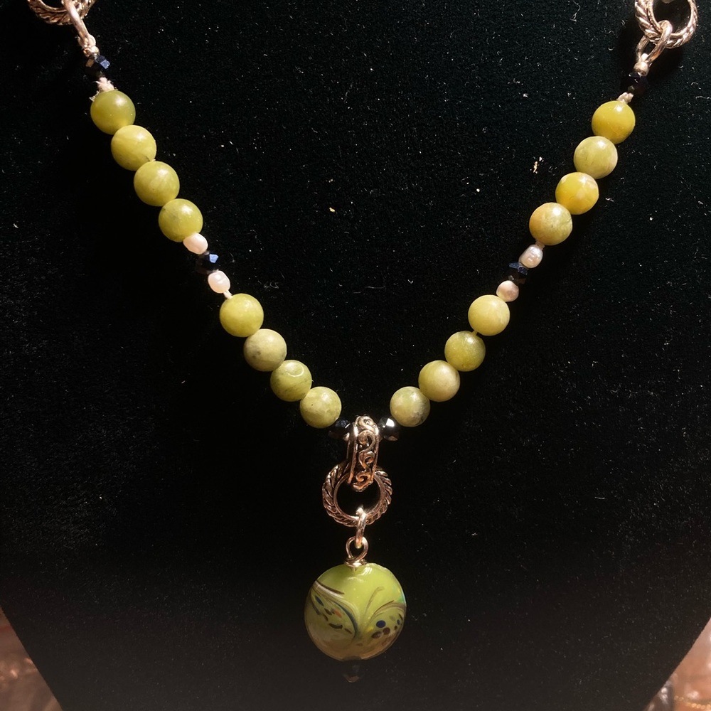 Handcrafted Green Bead Necklace with Decorative Pendant